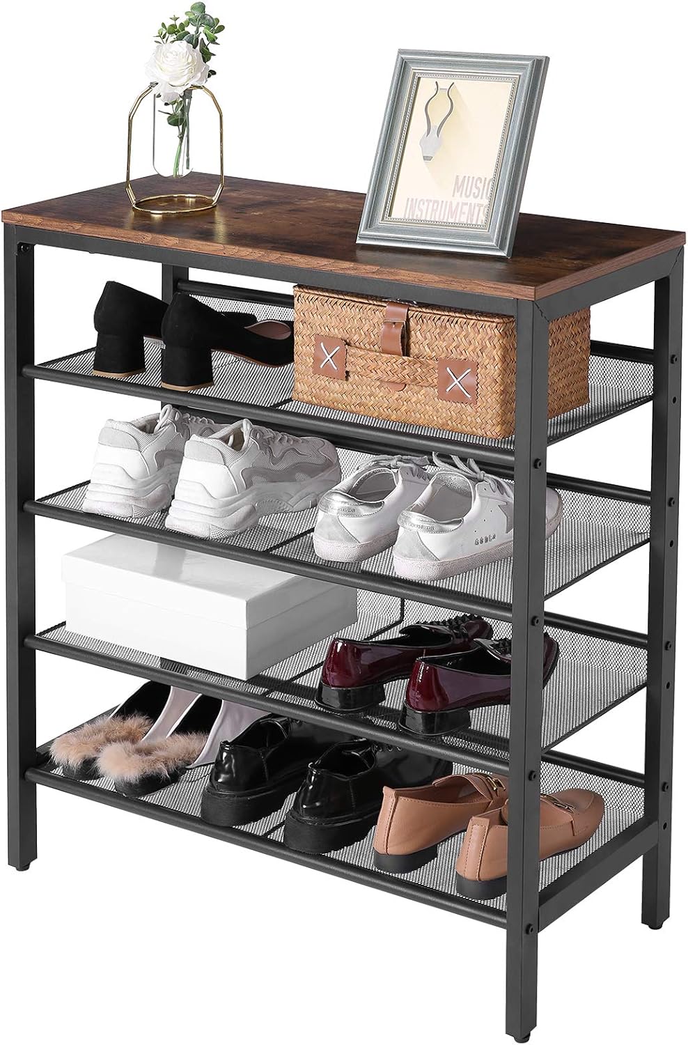 hoobro shoe rack on Shoe Organizers Hallway Closet Industrial Hoobro Shoe Rack For Entryway 5 Tier Shoe Storage Unit Flat Slant Adjustable Shoe Organizer Shelf For 16 Pairs Brown Leg Af01xj01 Dorm Room Durable And Stable