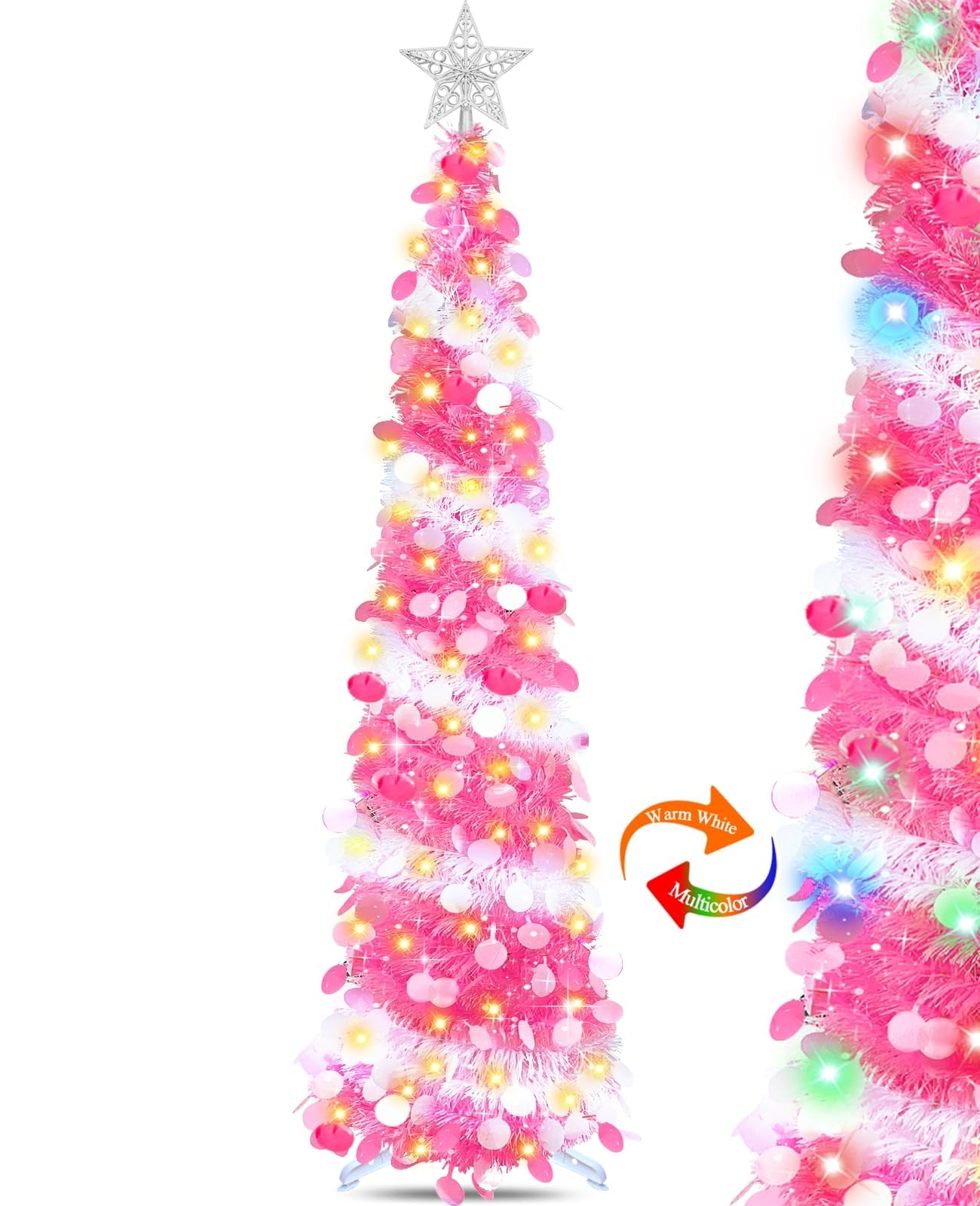 Photo 1 of [Timer] 5 Ft Pink Christmas Tree with Lights, Pop Up Tinsel Pencil Tree with 50 LED Warm White&Color Light 3D Star 8 Mode Battery Operated Glitter Tree for Xmas Party Holiday Home Indoor Decor