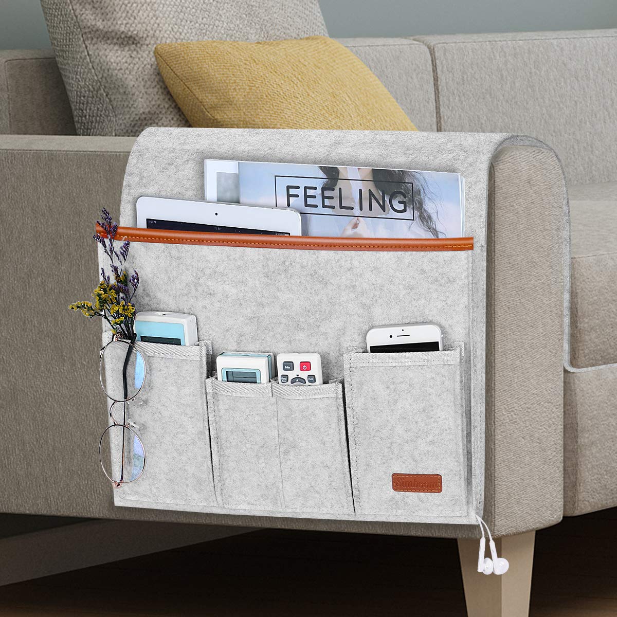 SIMBOOM Sofa Armrest Bag for Armchair Bed Remote Control Holder Organizer with 5 Pockets, Non-Slip with Long Flap and Hook, Light Grey