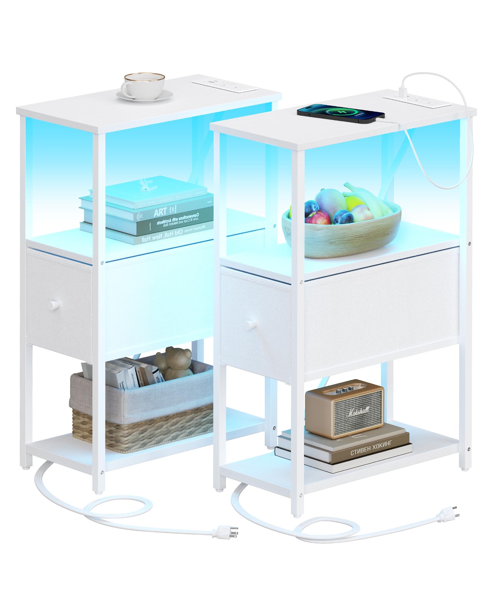 Photo 1 of TUTOTAK Small Narrow LED End Table with Charging Station, Side Table Outlets, Nightstand with Cloth Drawer, Set of 2, Couch Table, for Living Room, Bedroom, Bedside, White TB01BW059