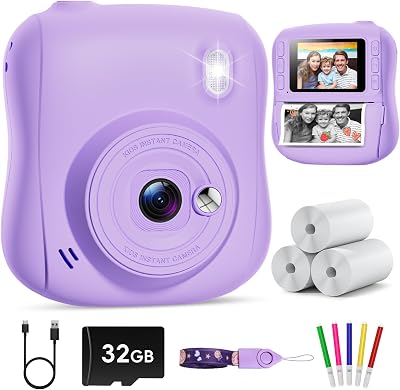 Hangrui Kids Camera Instant Print 14MP 32GB Card 1080P Video 3 Roll Paper