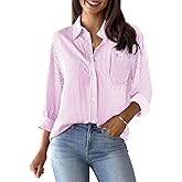 Button Down Shirts for Women Striped Long Sleeve Shirts Collared Cotton Blouses Business Casual Tops Fall Outfits-Pink and White S