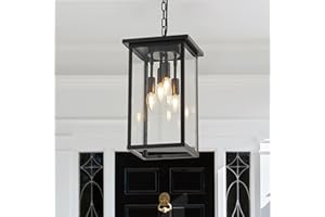 lighceac 10" Modern 4-Light Exterior Black Square Lantern Pendant Light Fixture with Clear Glass Industrial Hanging Cage Chandelier for Outdoor Porch Kitchen Island Dining Room Hallway Entryway Foyer