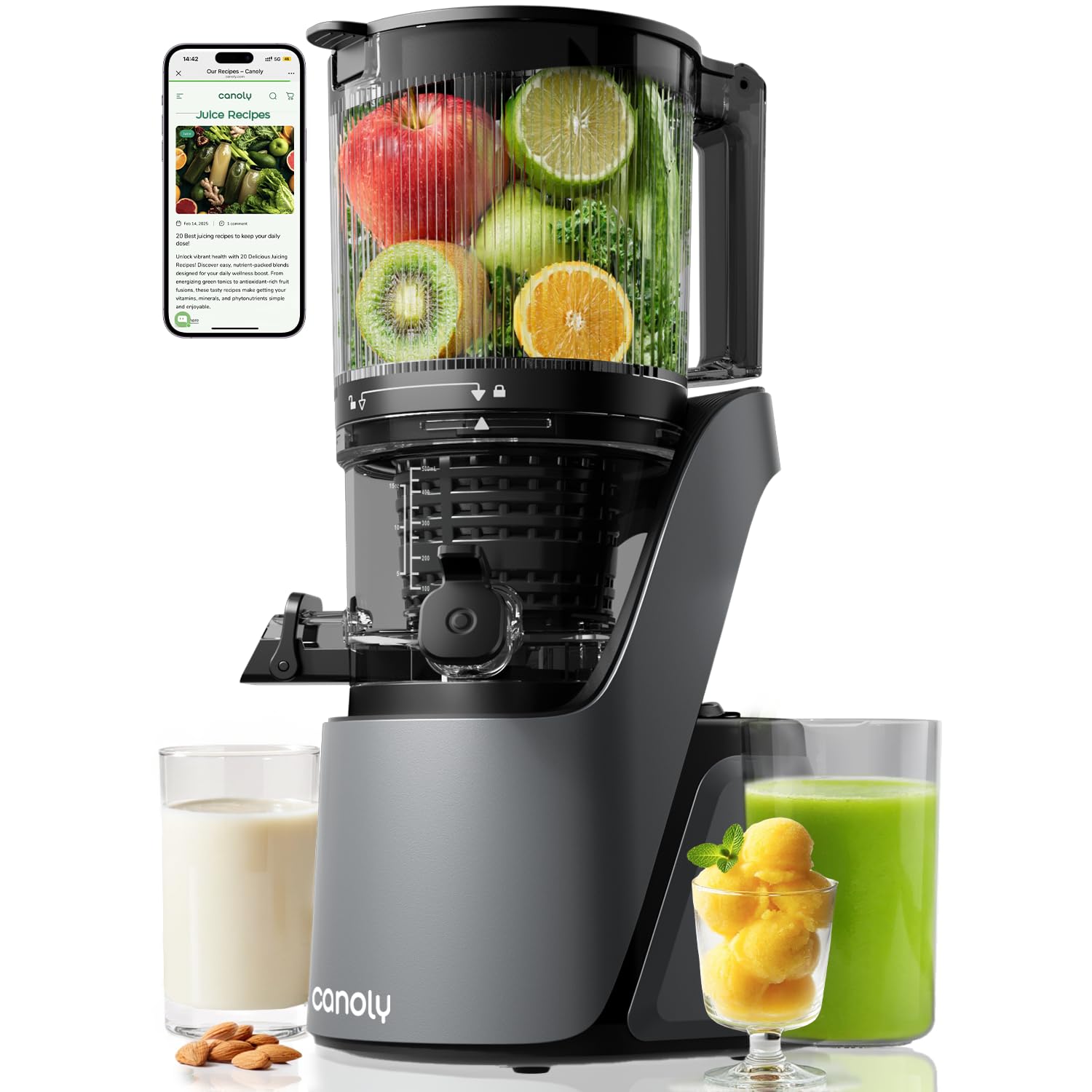 Photo 1 of Canoly C16 Cold Press Juicer, 6" Extra Wide Feed Chute, 3-IN-1 Strainers (Juice & Sorbet & Nut Milk), Powerful AC Brushless Motor, Self Precut System, Juicer Machines with BPA-Free (Space Gray)