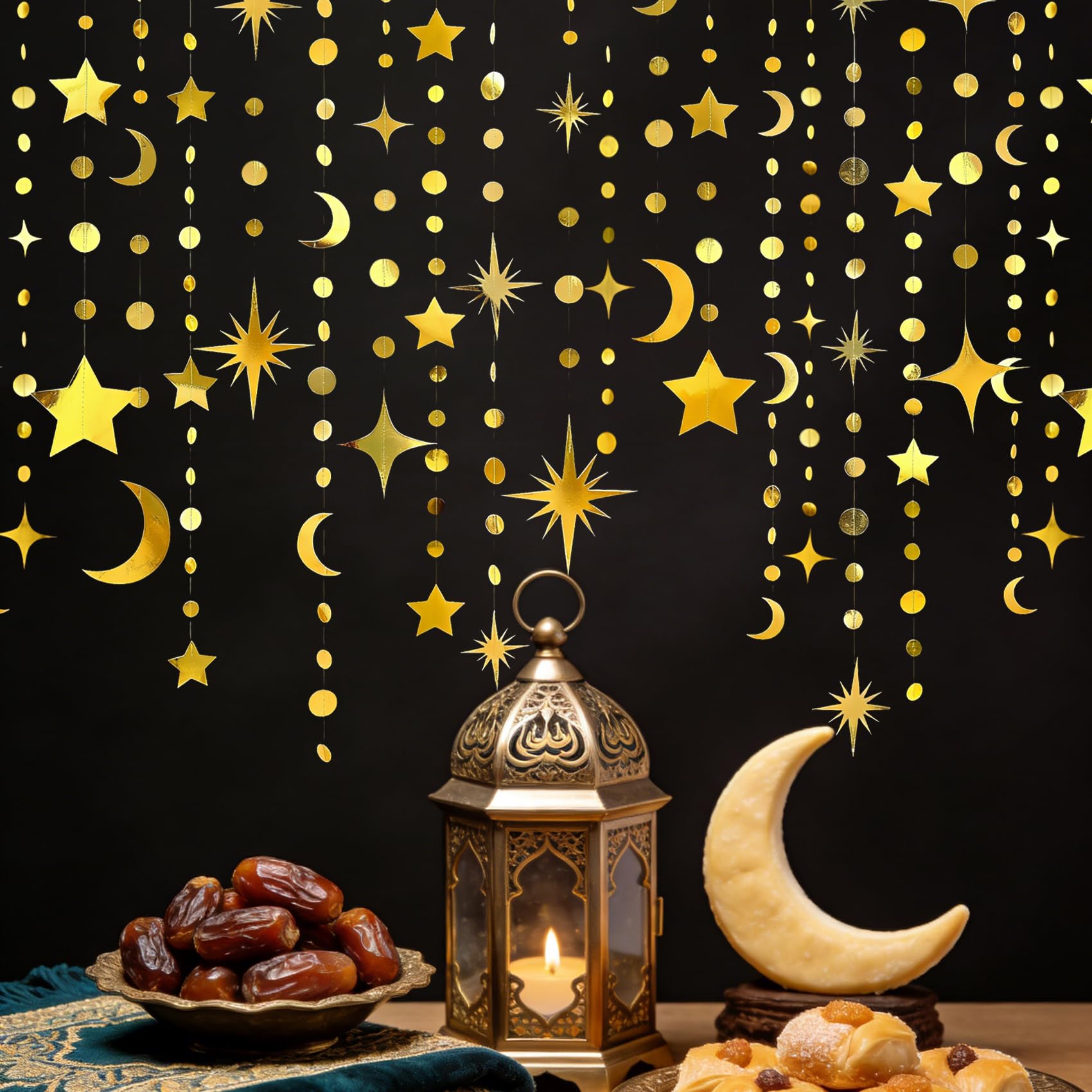 Gold Star & Moon Garland Kit - 64ft Hanging Party Banner with Crescent & Dot Cutouts for Celestial Theme Wedding, Baby Shower, Ramadan, Eid, Birthday & Nursery Decor
