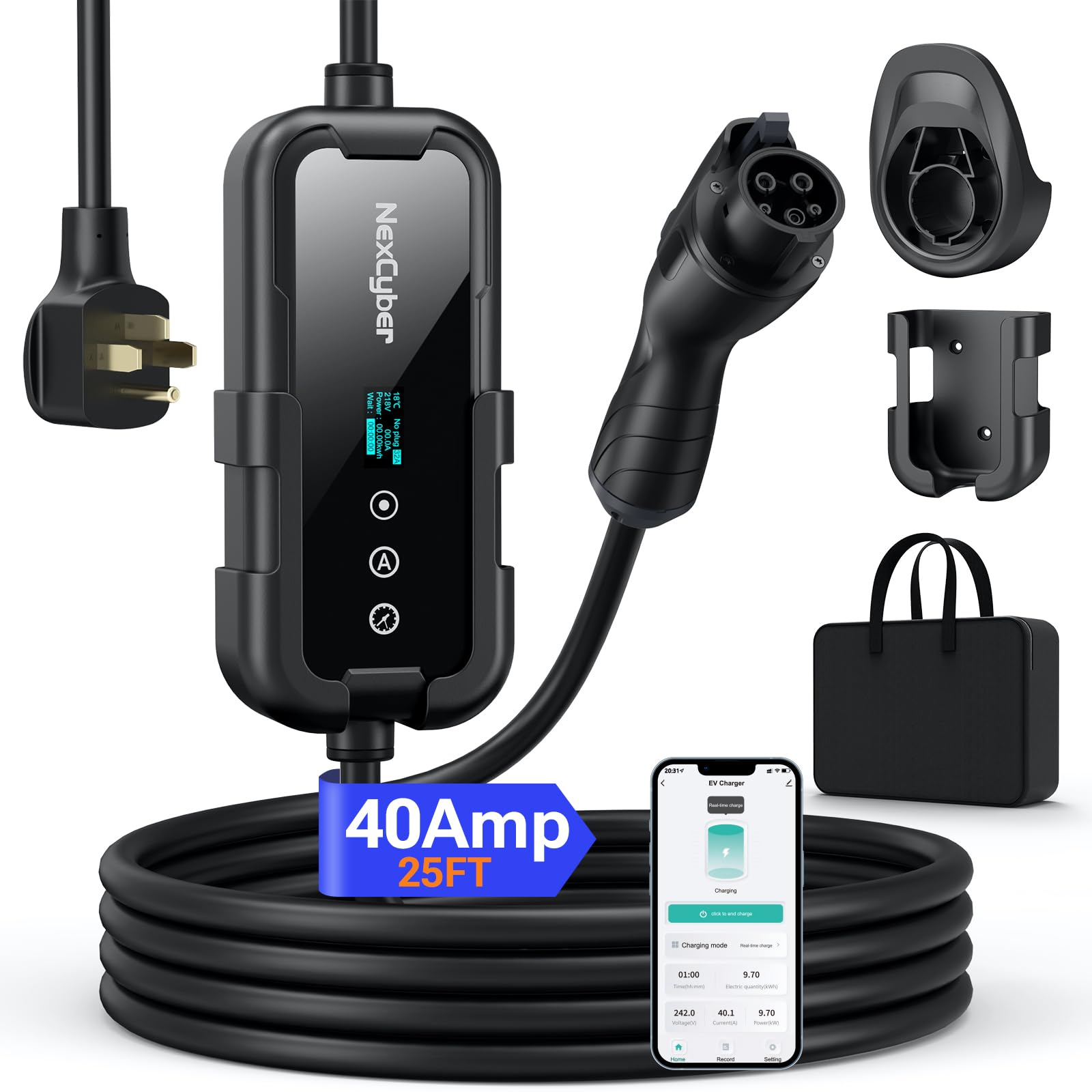 Photo 1 of NexCyber Level 2 EV Charger 40Amp with WiFi APP/Plug-Play, 240V NEMA 14-50P Plug, 25FT Cable with ETL Certified, Portable Electric Vehicle Charging Stations EVSE J1772 Connector (40A j1772 Connector)