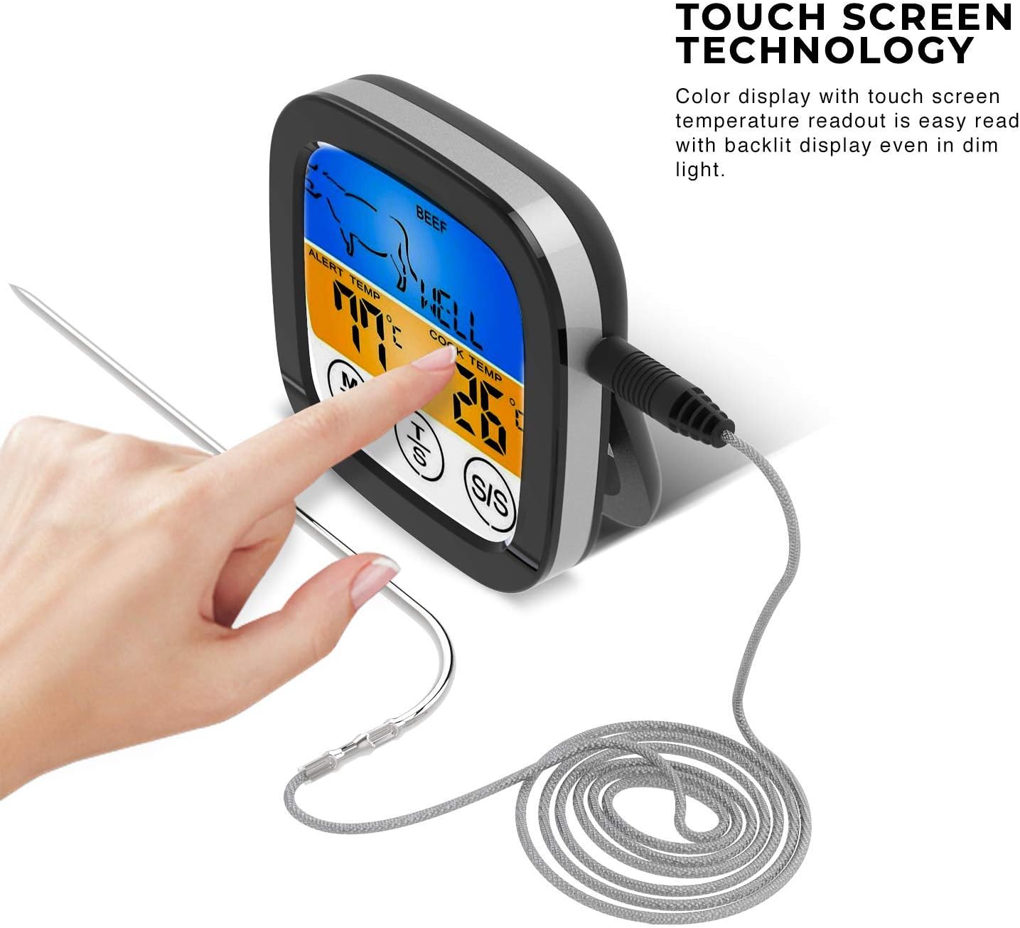 Digital Touchscreen Food Thermometer for Meat Poultry Fish Cooking in Frying Pan Smoker Oven BBQ Grill with Sensitive Color LCD Display | All Temperature and Timer Modes | Best Taste Results (Silver): Kitchen & Dining