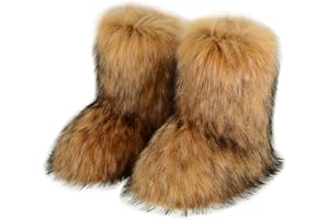 QMFUR Women's Furry Faux Fur Boots Fuzzy Fluffy Mid Calf Snow Boots Suede Warm Fur Lined Booties Flat Fashion Boots