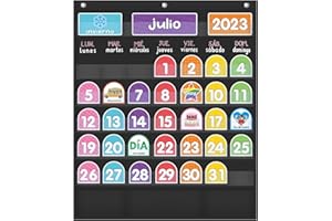 Mewise 20" x 24"Monthly Calendar Pocket Chart Classroom,Monthly Calendar Pocket Chart with Cards for Classroom/Teacher Must Haves Supplies/Classroom Decor(Spanish Black)