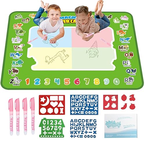 Alphabet Water Doodle Mat for Toddler, 80x60cm Drawing Mat Toys with 4 Doodle Pens and Drawing Templates, Reusable Water Painting Mats for Kids, Toddler Educational Toys for 2 Year Old Boy Gifts