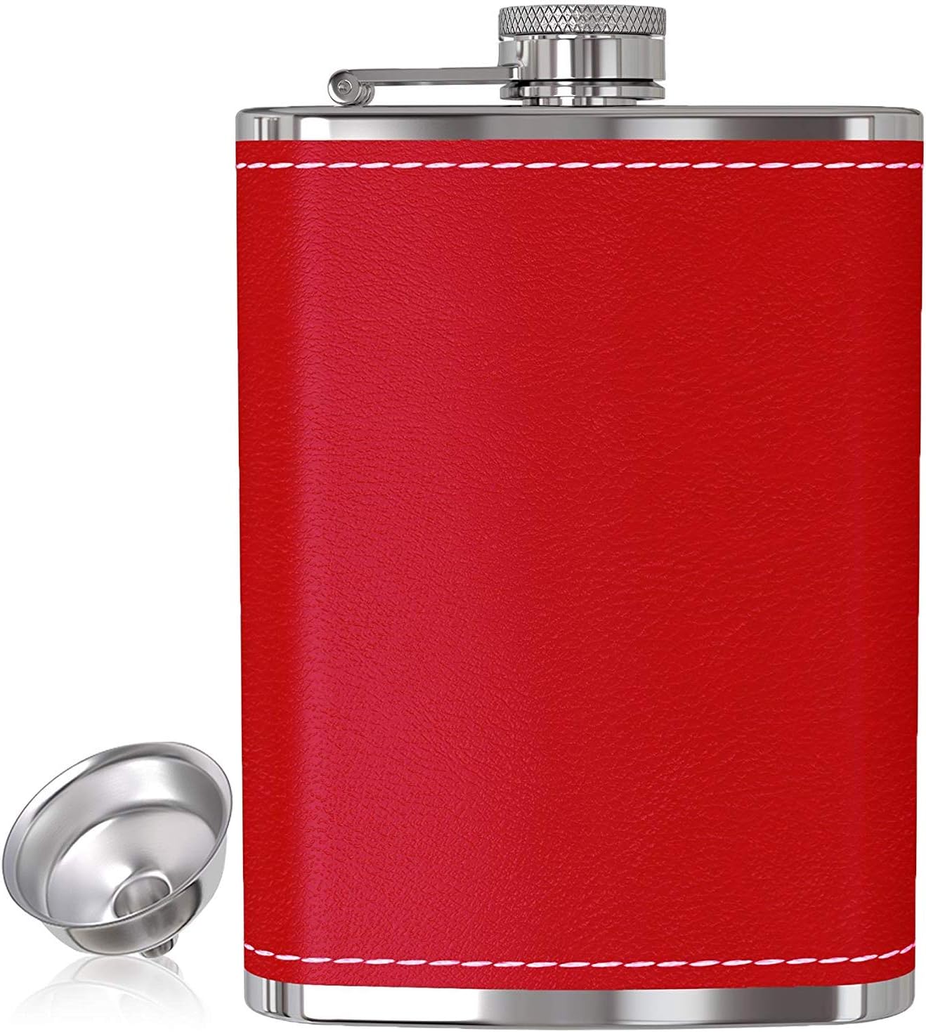 Flask for Liquor and Funnel - 8 Oz Leak Proof 18/8 Stainless Steel Pocket Hip Flask with Red Leather Cover for Discrete Shot Drinking of Alcohol, Whiskey, Rum and Vodka | Gift for Women
