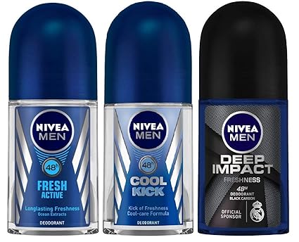 Nivea Roll-on Deodorant Deep Impact + Cool Kick + Fresh Active- Pack Of 3 (50ml each)