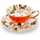 LURRIER Coffee Cup Mug with Saucer for Latte, Cappuccino Tea with Butterflies 6.8 Oz Fine Bone China, Dishwasher Safe, Reactive Glaze, 1 Pcs