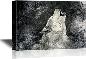 wall26 - Wolf Canvas Wall Art - Howling Wolf with Grunge Background in Black and White - Gallery Wrap Modern Home Art | Ready to Hang - 16x24 inches