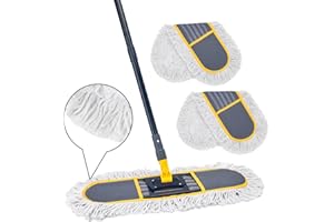KEFANTA 24" Commercial Dust Mop for Floor Cleaning,Heavy Duty Floor Duster Sweeper Broom with 2 Replacement Mop Pads,Large Wet Dry Flat Mops for Hardwood Floors,Marble, Laminate,Tile,Concrete,Garage (Grey)