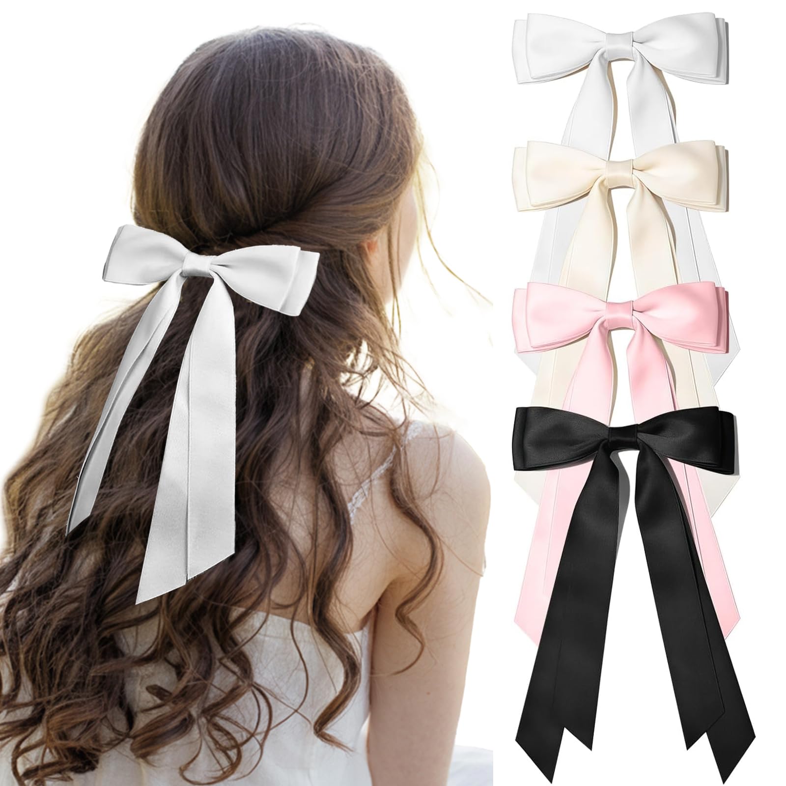 4PCS Hair Bows for Women - Bows for Hair Black Hair Ribbons for girls (Beige/White/Pink/Black)