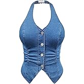 OYOANGLE Women's Plus Size Denim Top Button Front Halter Sleeveless Ruched Jean Vest Tank Concert Outfits