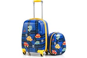 GYMAX 2Pc Kid Carry On Luggage Set, 12" & 18" Kids Suitcase with 4 Spinner Wheels, Travel Rolling Trolley (Cars)