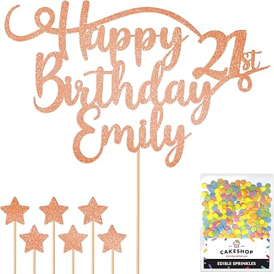 Cakeshop Personalised Happy Birthday Glitter Cake Topper Rose Gold Name Age