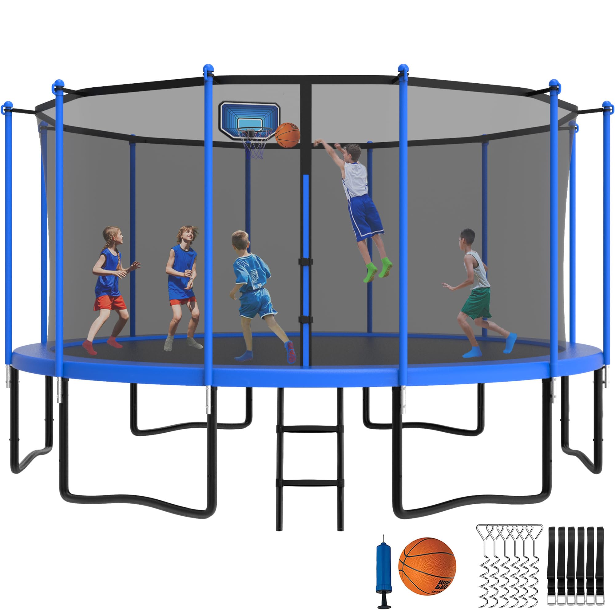Photo 1 of YORIN Tranpolin 14FT Tranpoline for Kids and Adults, Outdoor Tranpoline with Basketball Hoop, Enclosure Net, Back Yard Heavy Duty Recreational Tranpolines, ASTM Approved, Beautiful Blue