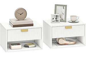 HOMCOM Floating Nightstands Set of 2, Modern Wall Mounted Bedside Tables with Fluted Drawer and Open Shelf, Small Night Stand