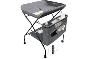 Holy Cat Baby Portable Changing Table with Wheels Adjustable Height Folding Infant Diaper Station Mobile Nursery Stand with Newborn Lightweight Large Storage Rack - Grey