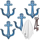 XINGYAN Vintage Rustic Cast Iron Nautical Sea Anchor Design Wall Hooks,Home Coat Rack,Decorative Wall Mounted Antique Shabby Chic Metal Bathroom Towel,Coat Hooks,Hanger,Screws Inside (Blue[4pcs])