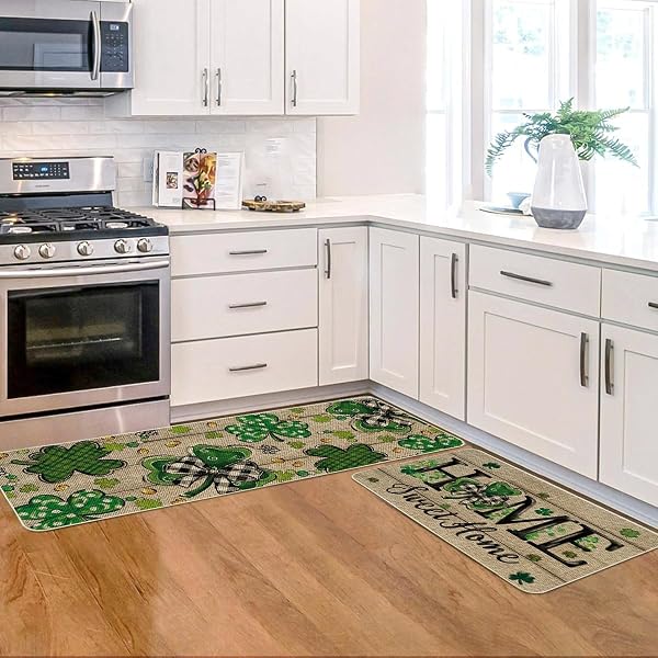 ARTOID MODE WOOD SHAMROCK SWEET HOME ST. PATRICK’S DAY KITCHEN MATS SET OF 2, HOME DECOR LOW-PROFILE KITCHEN RUGS FOR FLOOR – 17X29 AND 17X47 INCH
