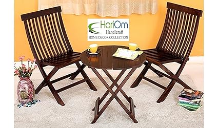 Hariom Handicraft Sheesham Wood Round Table with 2 Chairs, Balcony Coffee Table, Garden Outdoor Table with Chairs, Walnut Finish
