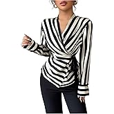 SweatyRocks Women's Long Sleeve Wrap V Neck Striped Blouse Tops Ruched Elegant Work Shirts