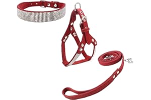 Newtensina Dog Collar & Harness & Lead Sets Fashion Dog Collar Diamante with Harness & Leashes Comfortable Soft Collar Harness and Leashes Set for Dog - Red - L