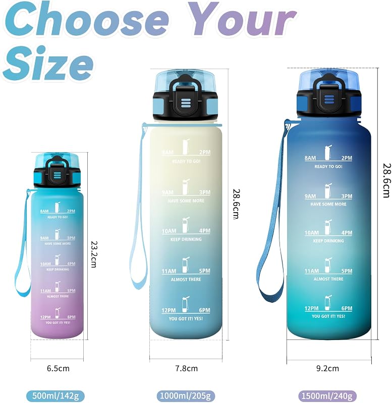 Botella de Agua 500ml, Cantimplora con Filtro, Fácil de Abrir, Botella Agua Motivadora y Prueba de Fugas, Cantimplora para Adulto, Oficina, Bicicleta, Gym