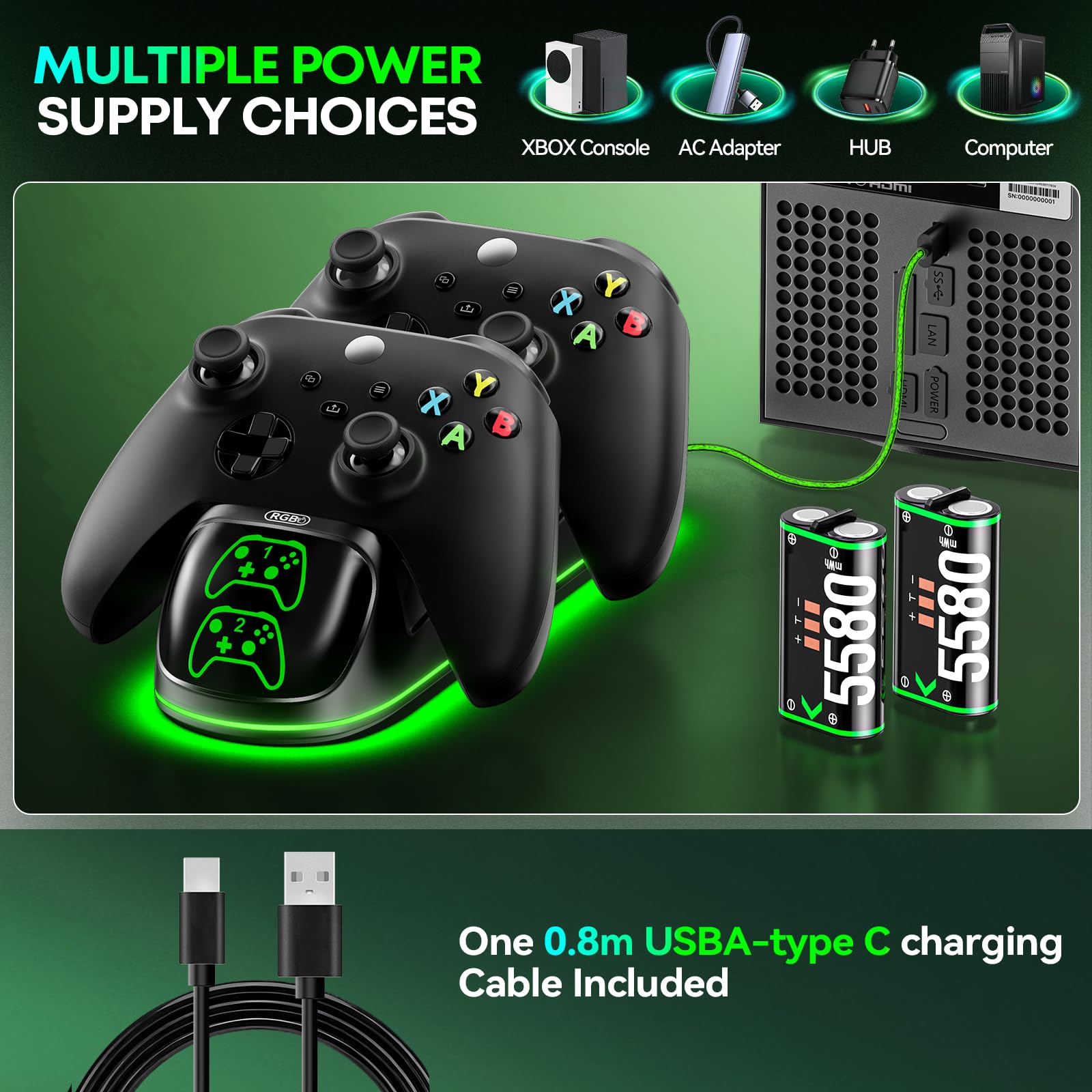 OIVO XSX Controller Charger Station with 2 Packs 5580mWh Rechargeable Battery for Xbox Series X/S/One/Elite/Core Controller, Charging Dock for Xbx with 4 Packs Covers for Xbox One Console