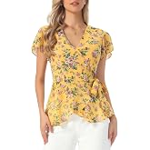 Allegra K Wrap Tops for Women's Floral Printed V Neck Slit Sleeve Tie Waist Peplum Blouse