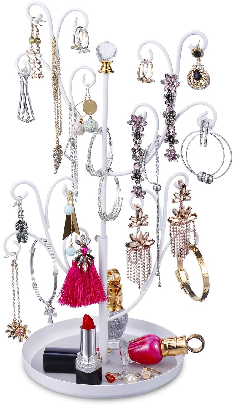 Keebofly Jewelry Organizer Tree Stand Earring Ring Organizer Display for Lover or Friend, Necklace Holder with Adjustable Ideal for Birthday Gift or Any Activities - White