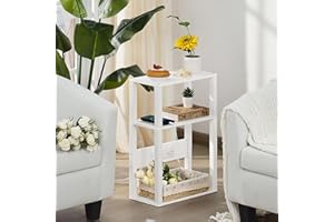 YUFAM 3-Tier Small Narrow Wood Side Table with Charging Station, Skinny Nightstand for Small Space, Slim Bedside Table with Storage for Couch, Thin End Table with USB Ports and Outlets, White