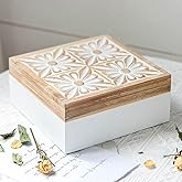 Synovana Small Decorative Box with Lid Wooden Keepsake Storage Box Carved Flower Handmade Jewelry Box Rustic Trinket Box Table Organizer - 7.1 x 7.1 x 3.2 Inches