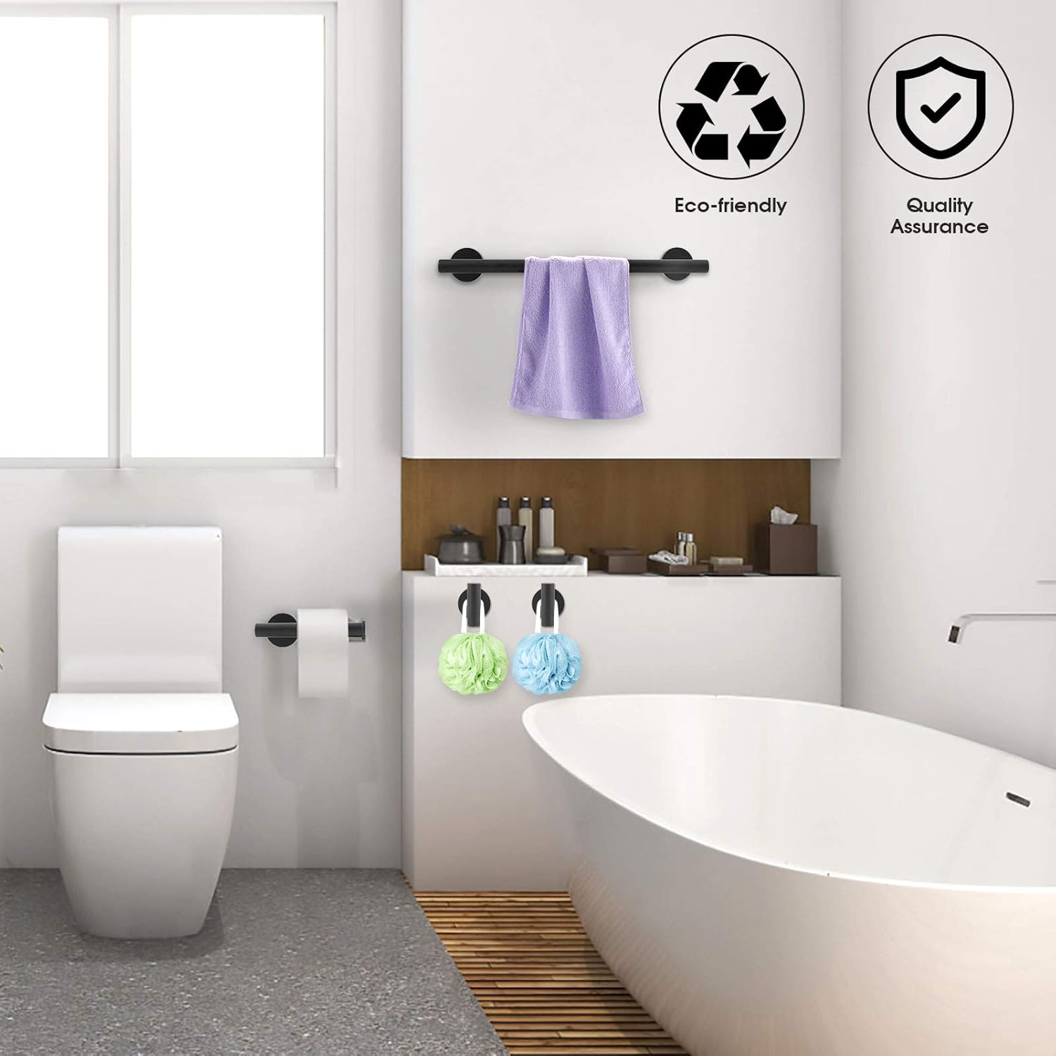 Bathroom Hardware Set, Tomic Matte Black Towel Bar, Thickened SUS304 Stainless Steel Bathroom Towel Rack Set Include 16'' Bathroom Towel Bar, Toilet Paper Holder and 2 Robe Hooks, 4Pcs: Kitchen & Dining