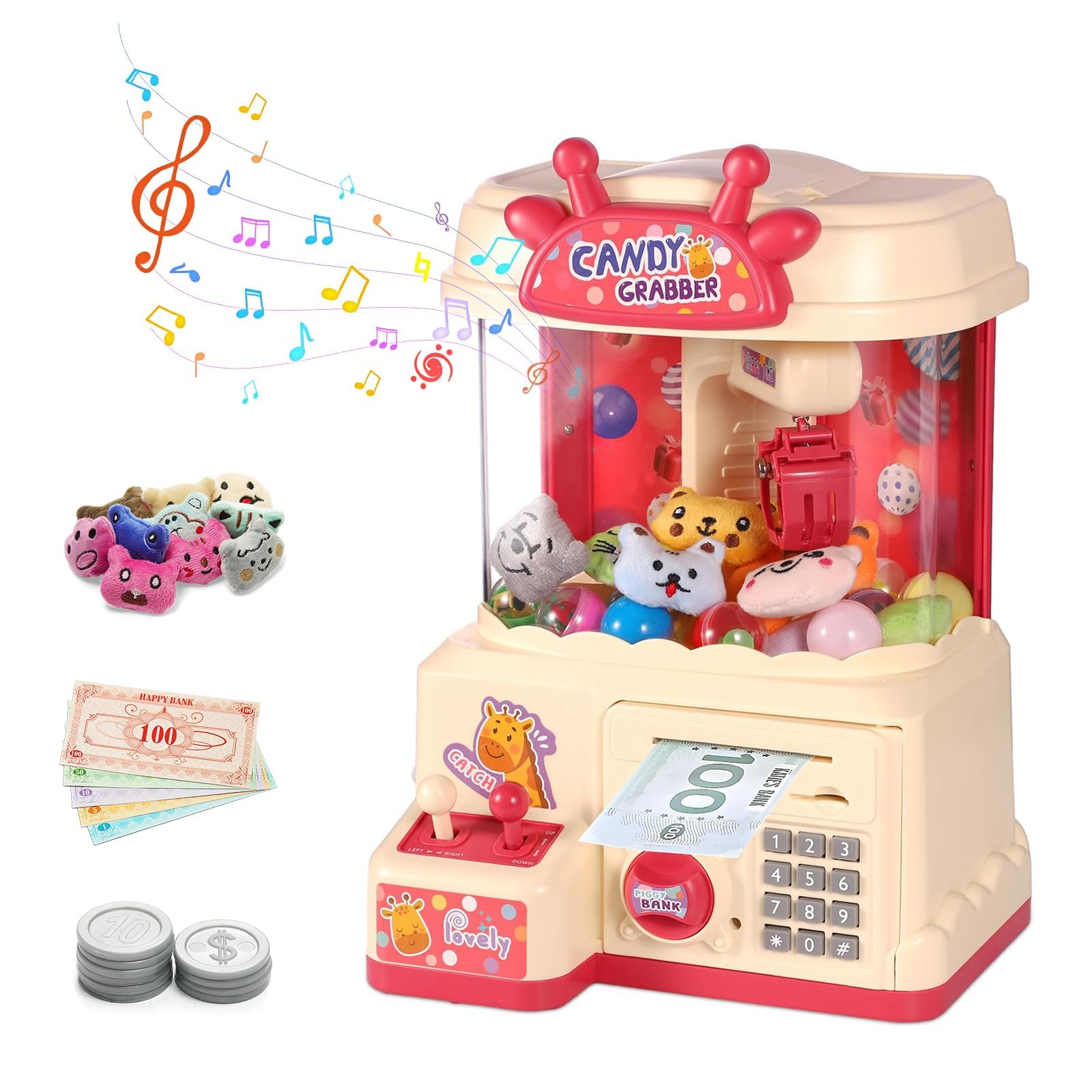 25PCS 2 in 1 Large Claw Machine and ATM Piggy Bank, with Music & Light, Party Birthday for 3-14 Kids Gift, for Real Money Savings and Grabber Prize Dispenser Toys, Pink