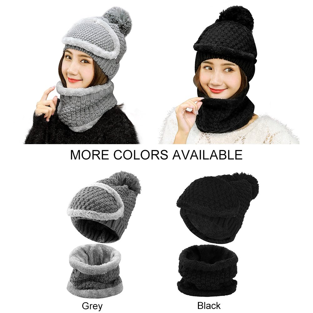 Vbiger Women Warm Hat Scarf Set Thickened Knit Hat and Scarf Winter Beanie and Scarf with Mask, Thick Plush Lining Design, Set of 3 (Black)