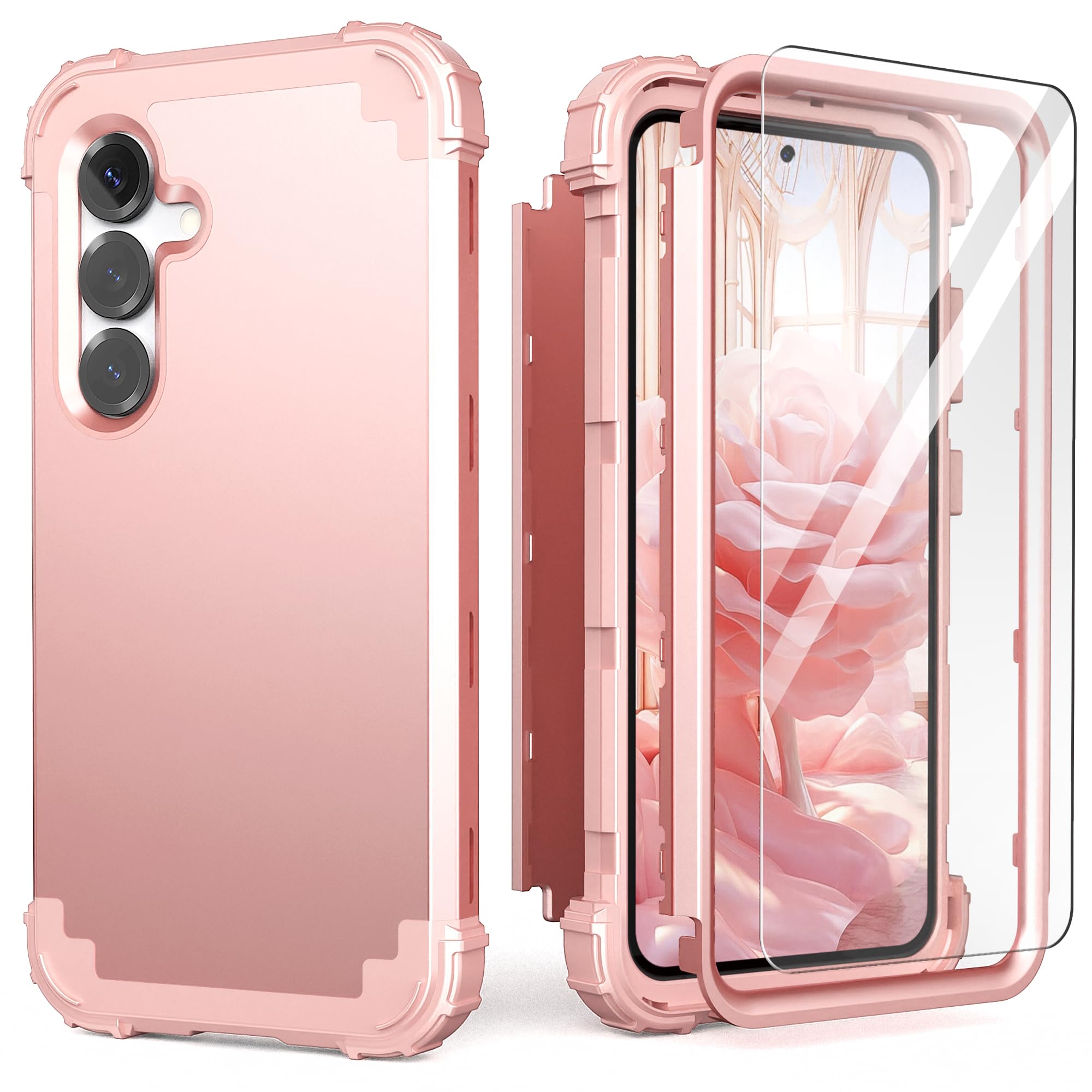 Photo 1 of IDweel for Galaxy S25 5G Case with Screen Protector, Hybrid 3 in 1 Shockproof Heavy Duty Protection Hard PC Bumper+Soft Silicone Protective Full Body Cover for Samsung Galaxy S25 5G 6.1", Rose Gold