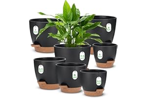 Self Watering Planter Set, 7Pack Medium Plastic Pot with Mesh Drainage Holes and Removable Reservoir Saucers, Modern 8+7.5+7+