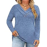 VISLILY Womens-Plus-Size-Tops Trendy V Neck Casual Long Sleeve T Shirts Dressy Button Decor Cute Loose Blouses Tunics XL-5XL