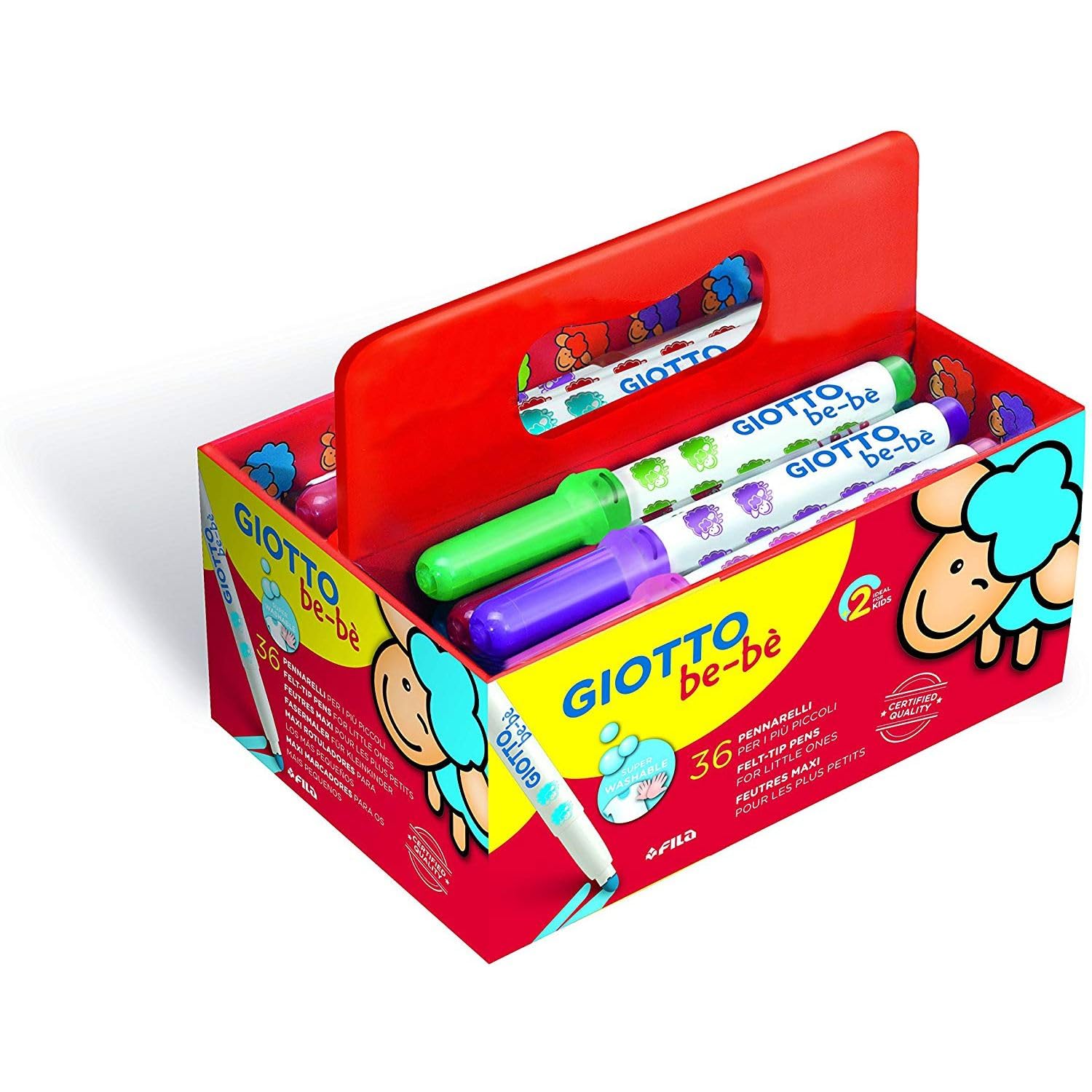 GIOTTO be-bè Colouring Felt Tip Pens for Young Children, Box of 36 Pens in Assorted Colours, Super Washable, For School & Home