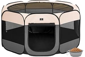 A 4 PET Portable Dog Playpen for Small Dogs & Puppies –49" Pop-Up Foldable Pet Fence with Bowl, Waterproof Bottom, Removable Mesh Top, Indoor Outdoor Use, Secure Zippered Door, Travel & Training Use