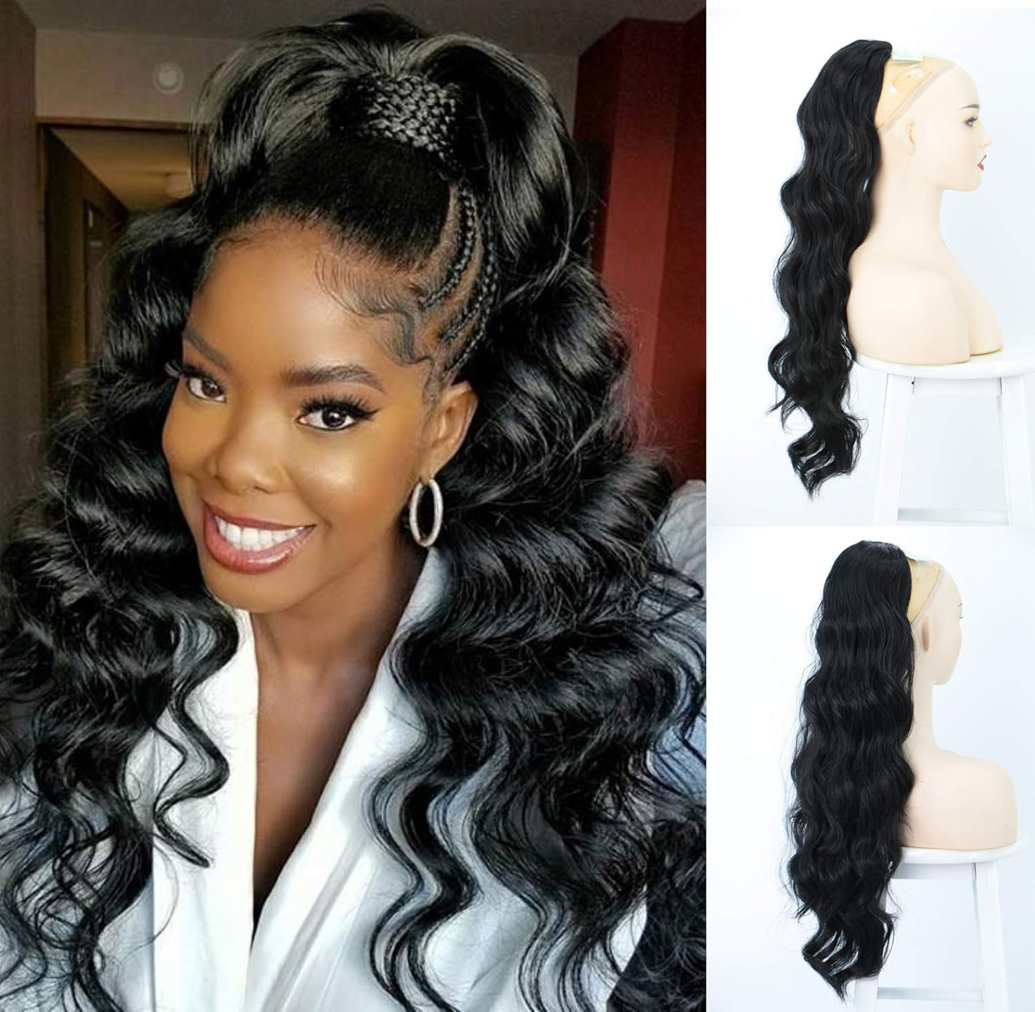 Black Ponytail Hair Extensions Clip in Human Hair Long Wavy Curly Drawstring
