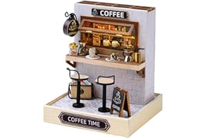 OZJAY DIY Miniature House Kit with Dust Proof Cover, 1:24 Scale Creative Room Mini DIY Wooden Dollhouse Miniature Kit for Adults Teen - Coffee Time