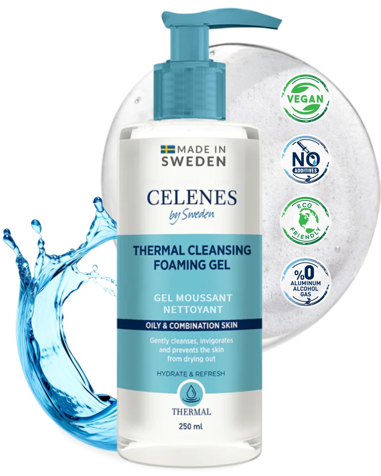 Celenes by Sweden Thermal Gel Facial Cleanser - Foaming Facial Wash, 250 mL - Vegan Cleanser for Men & Women - Natural Herbal Formula for Oily & Combination Skin - Paraben/Alcohol-Free