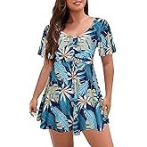 ECUPPER Womens One Piece Swimsuit with Sleeves Plus Size Swim Dress Modest Tummy Control Skirt Bathing Suit Built in Shorts
