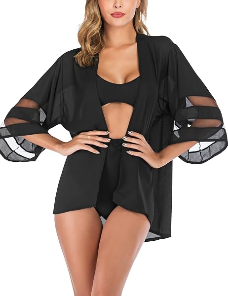YNIMIOAOX WOMEN’S 3/4 SLEEVE FLORAL KIMONO CARDIGAN, SHEER LOOSE CAPES, CASUAL BLOUSE TOPS,M16-PURE BLACK,X-LARGE